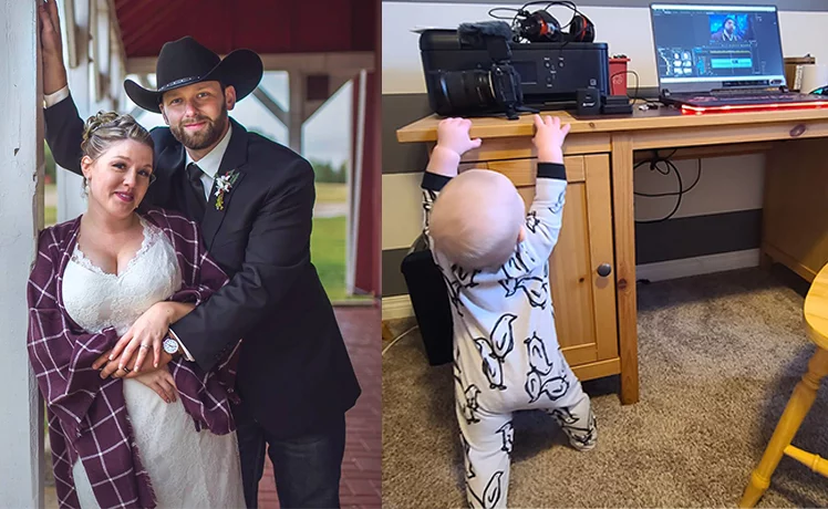 Split image of Trucker Josh and his wife on the left and son playing near Josh's video station on the right